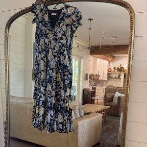 Elan Midnight Blue and Gold Patterned Midi Dress